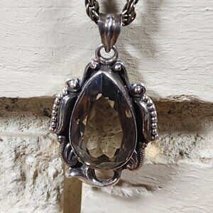 Vintage Womens Large Brown Topaz Necklace Antique Gold 31" Chain